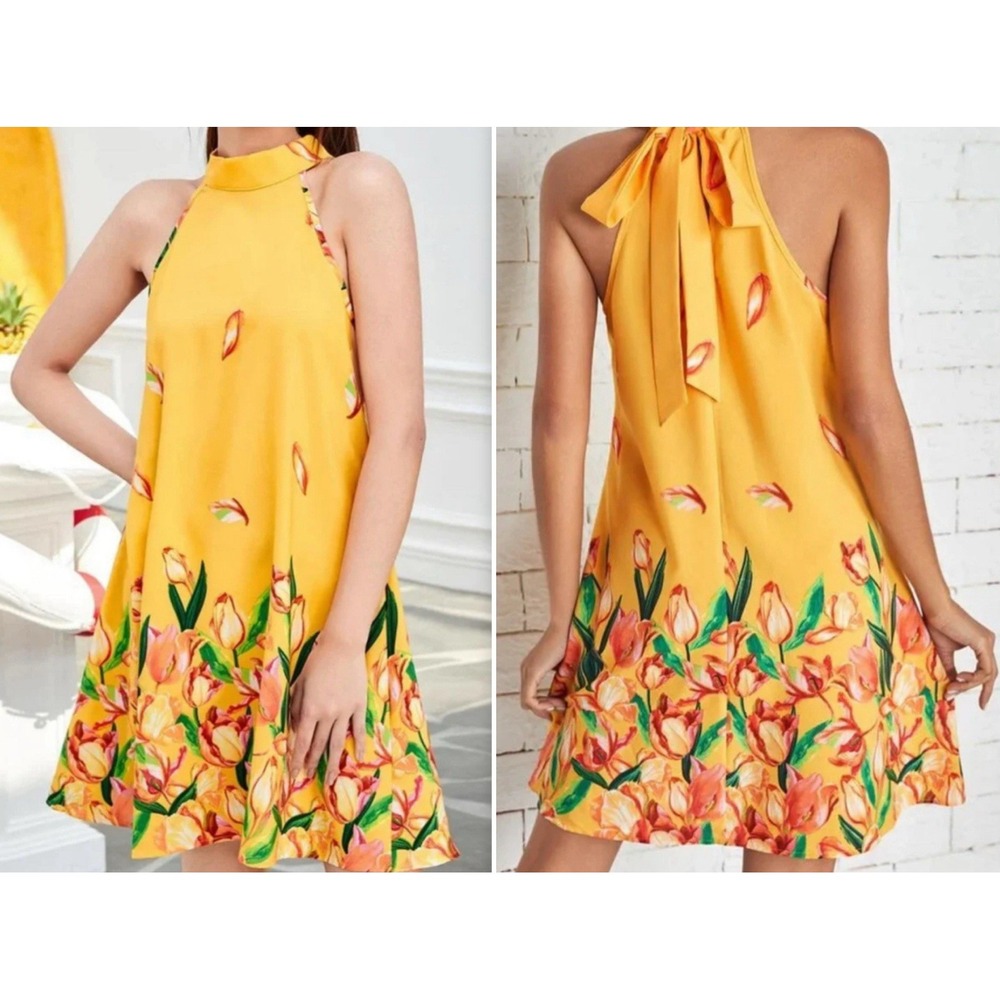 Floerns Yellow Halter Skater Flower Dress Sz L NWT